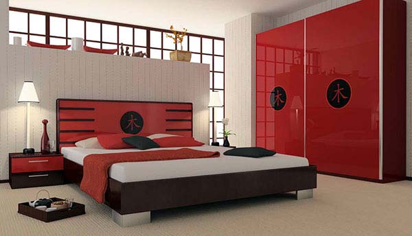 Спальня с красным шкафом