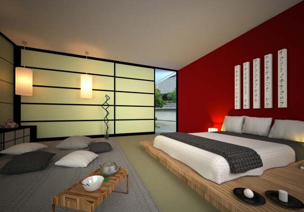 Спальня с красной стеной