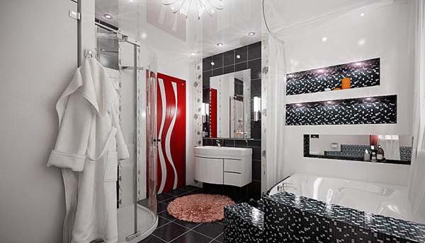 Ванная комната с красной дверью, белыми стенами и черной плиткой