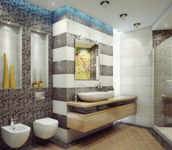 Ванная комната с серой мозаикой на стене и полу
