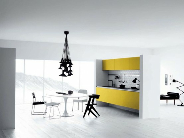 Минималистический дизайн кухни с желтыми шкафами