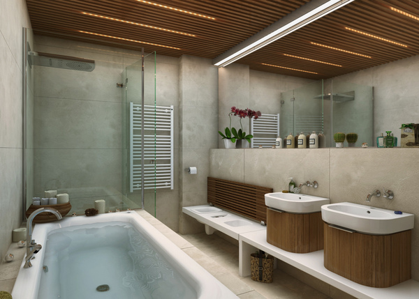 Современная ванная с деревянной отделкой