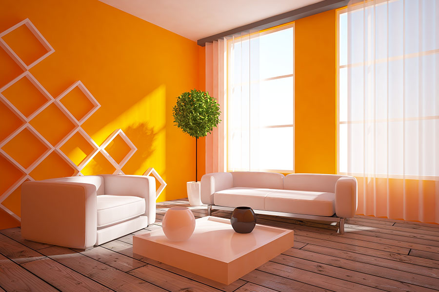 Идеи дизайна гостиной в оранжево-белом цвете