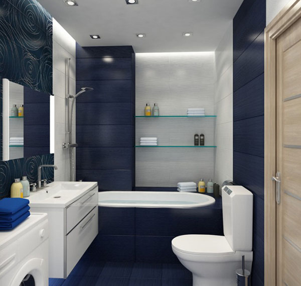 Дизайн ванной в синем цвете с фактурой дерева