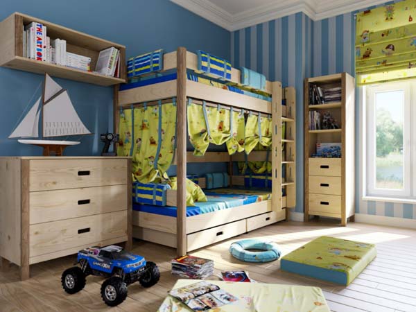 Комната для мальчика с голубыми стенами и деревянной мебелью