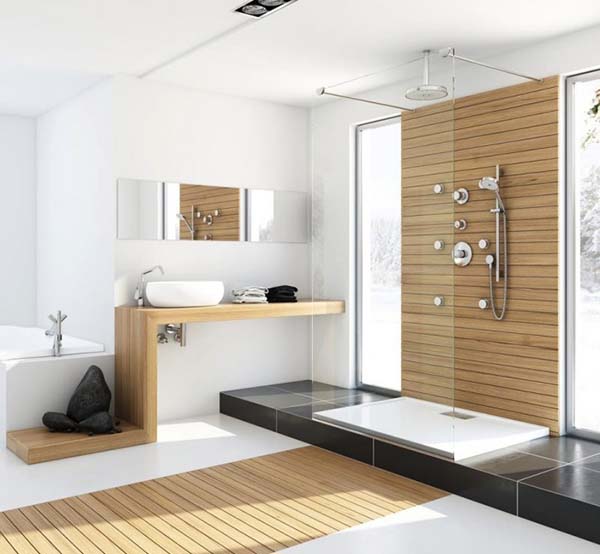 Белая ванная комната с деревянной отделкой