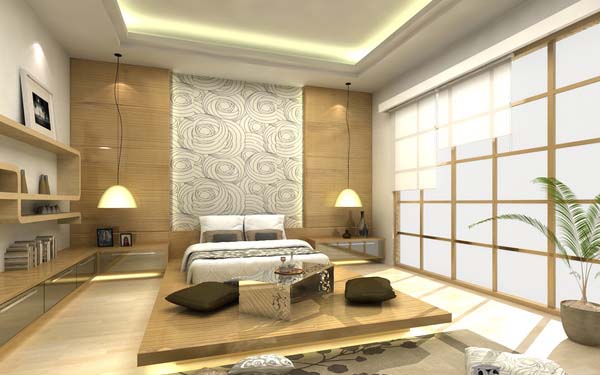 Светлый интерьер спальни в японском стиле