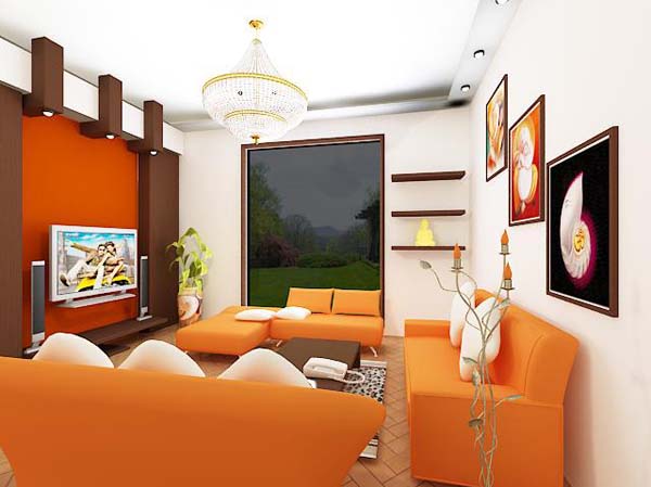 Гостиная с яркой оранжевой мягкой мебелью