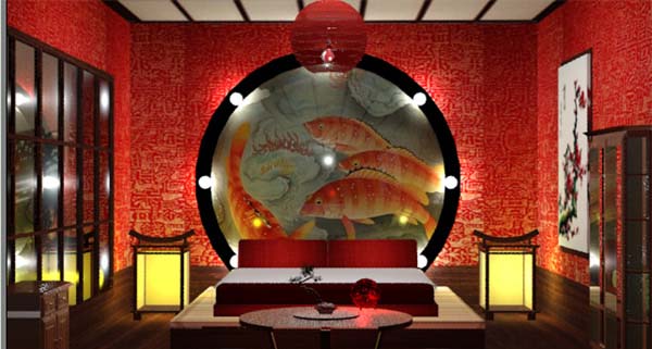 Спальня с нарисованными рыбами на стене