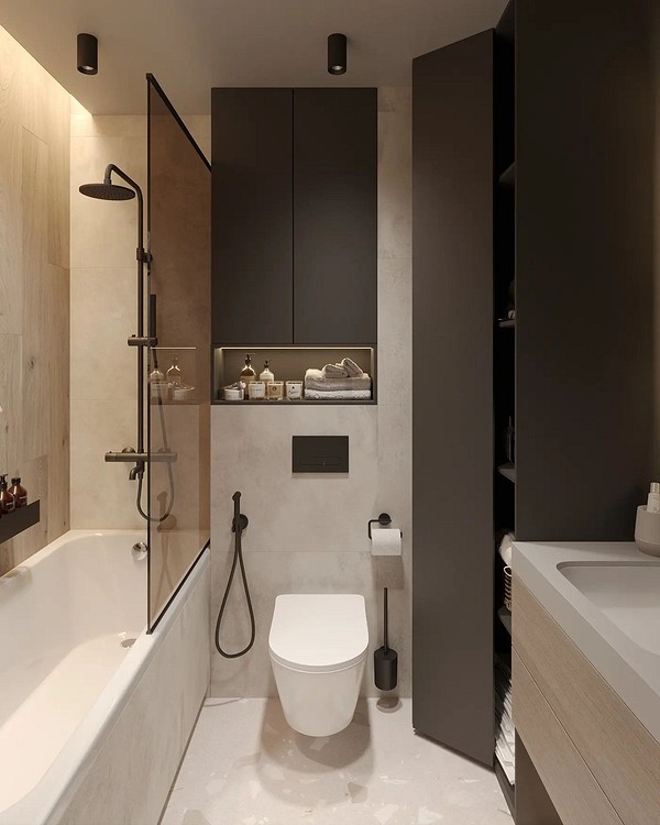 Интерьер ванной комнаты совмещённой с туалетом