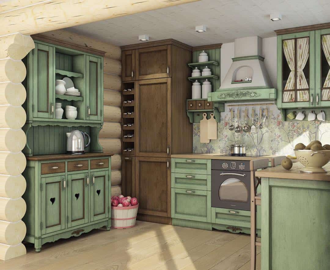 Угловая зелёная кухня в стиле Прованс